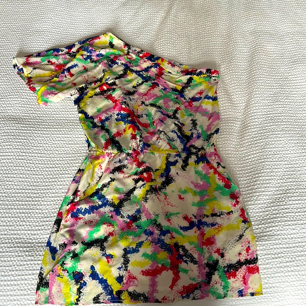 Aaron Ashe - One shoulder, multi-colored mini dress; Size XS; has pockets!